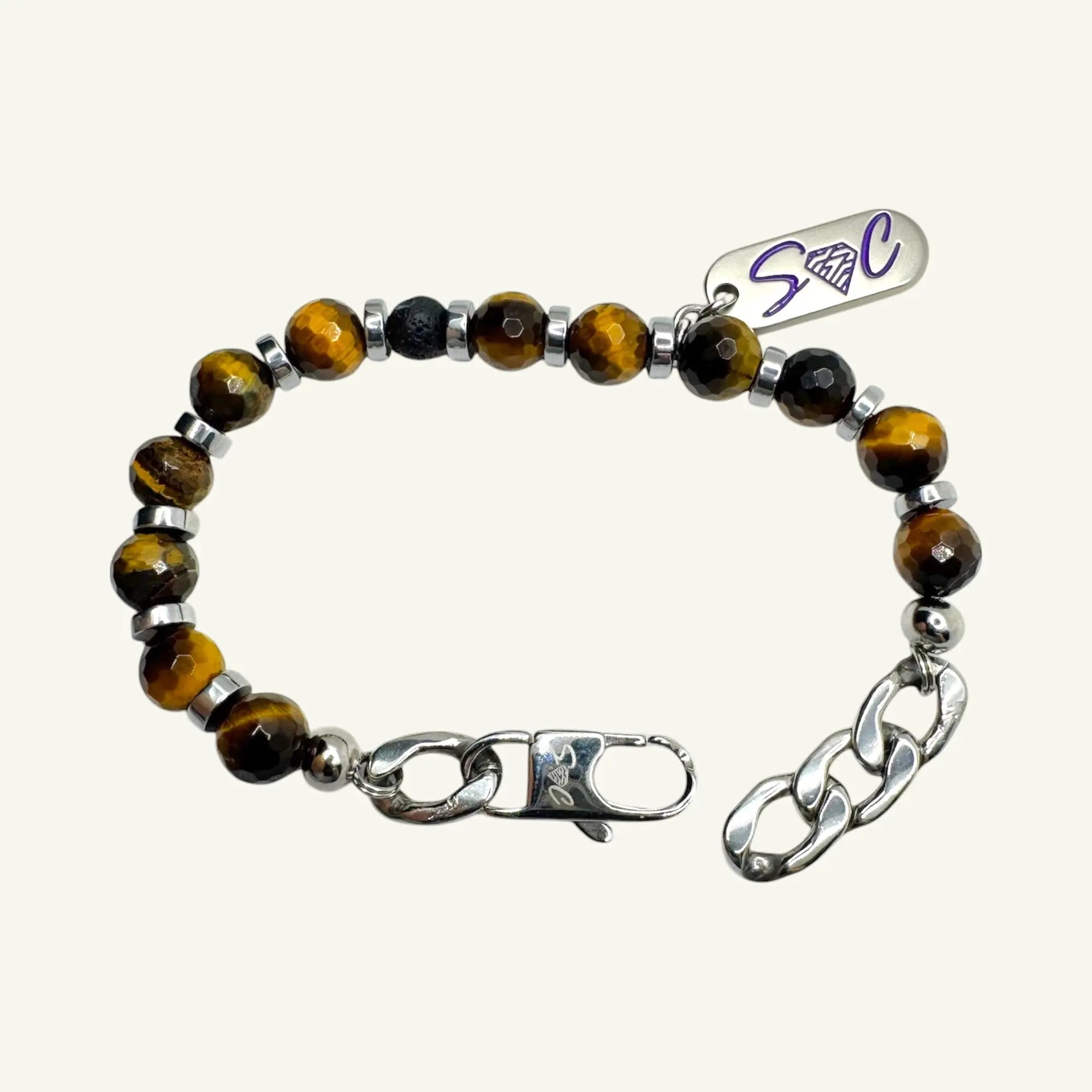 dettaglio perle occhio di tigre naturale bracciale uomo