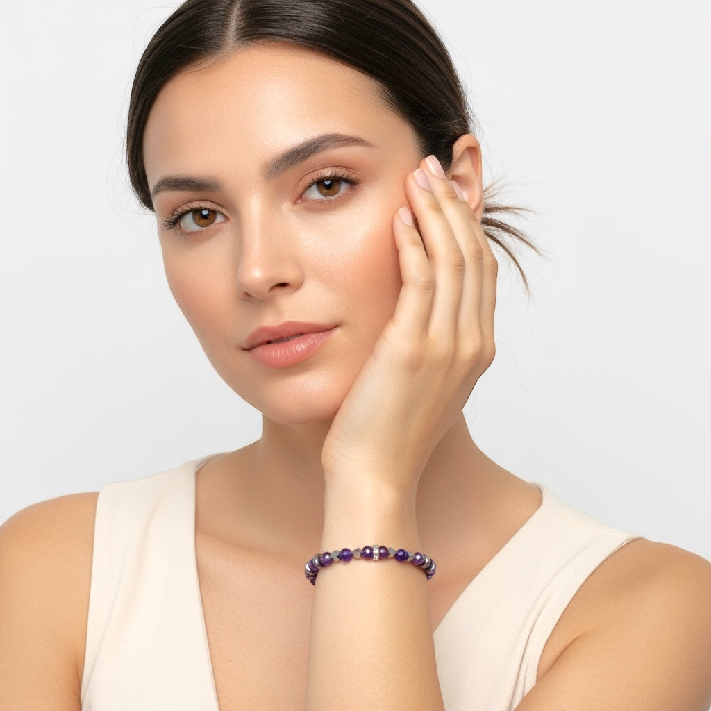 Bracciale Ametista Sfaccettata, Ematite e Punto Luce Sharifa Crystals