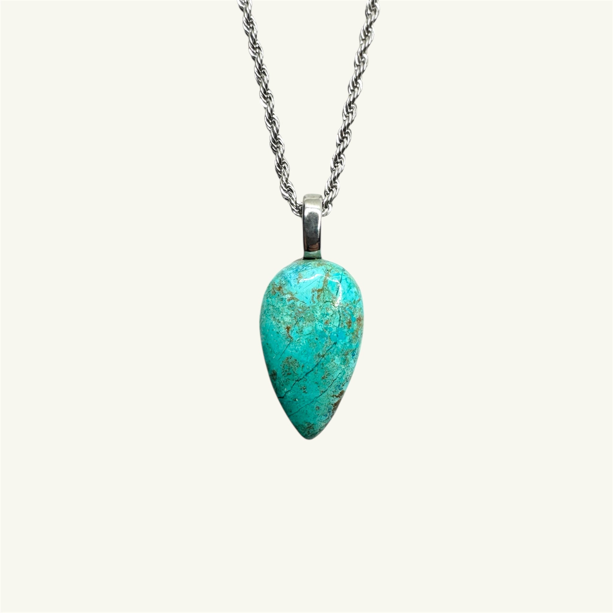 Collana in Crisocolla naturale con ciondolo a goccia e catena in acciaio chirurgico