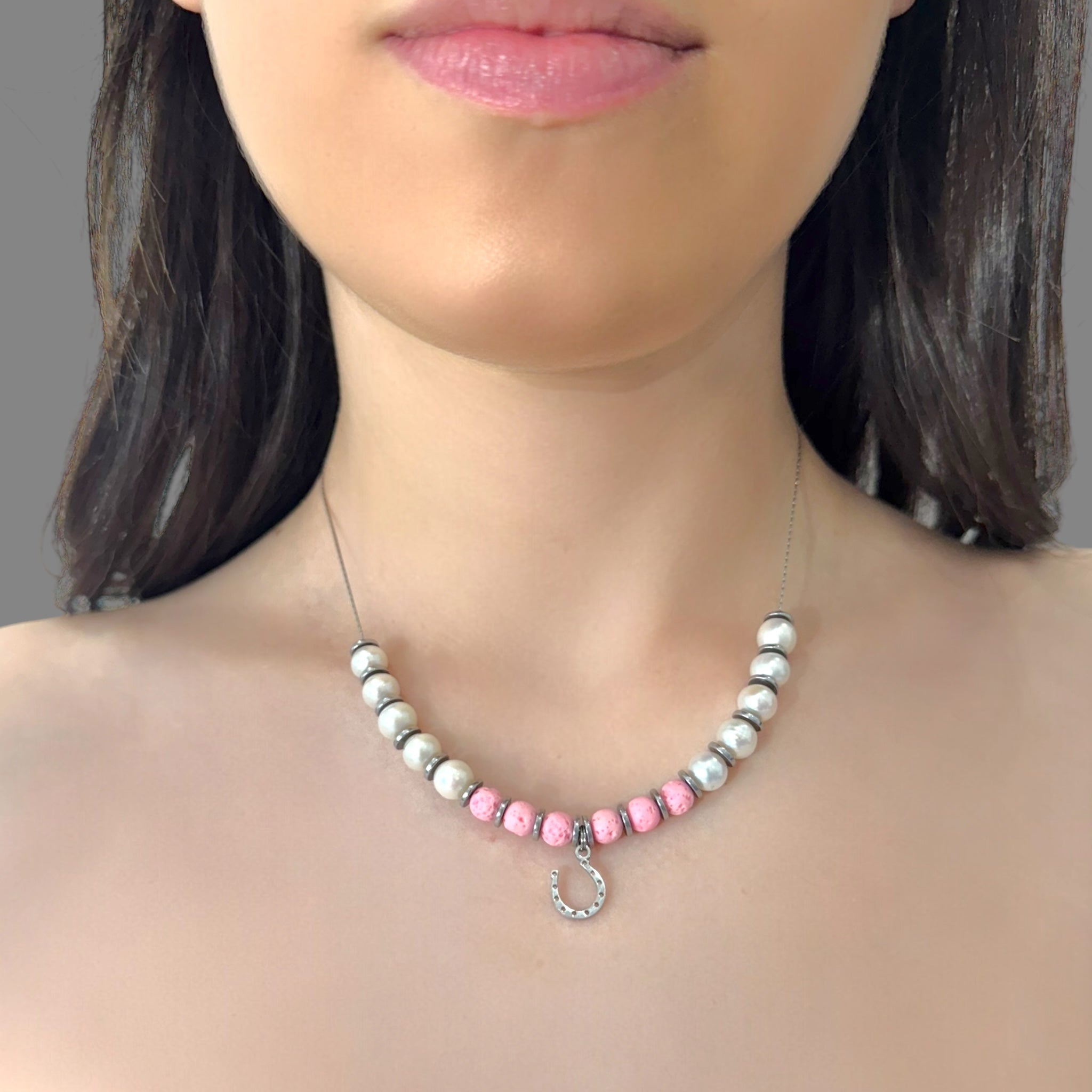 choker perle e pietra lavica pink - SharifaCrystals